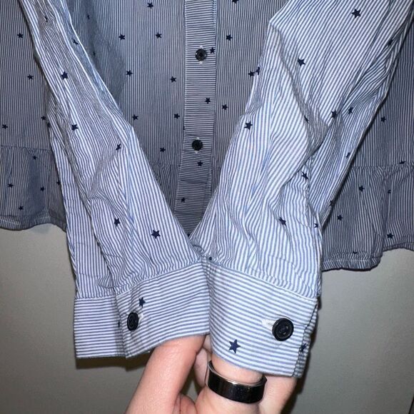 Tommy Hilfiger Large Blue White Stripe Star Pattern Ruffle LS Button Blouse NWOT - Picture 4 of 10